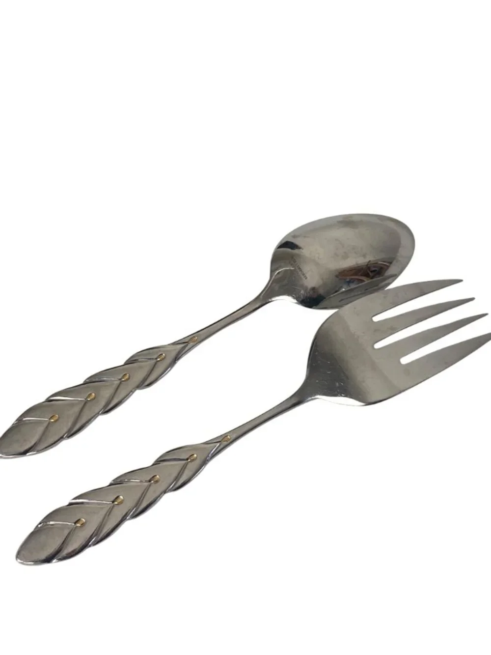 Pier 1 Imports P114 Stainless Large Serving Fork Spoon Set Gold Accents Korea
